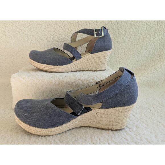 B.O.C. by Born Bree Espadrille Canvas Blue Denim Cross Ankle Straps Wedge Sz 9 - Picture 2 of 10